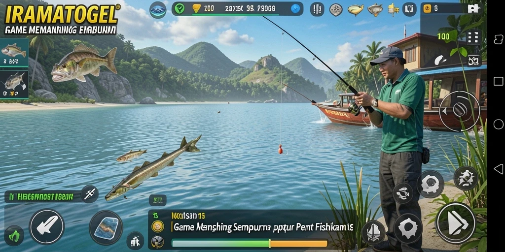 Screenshot gameplay IRAMATOGEL menampilkan momen seru saat menangkap ikan.