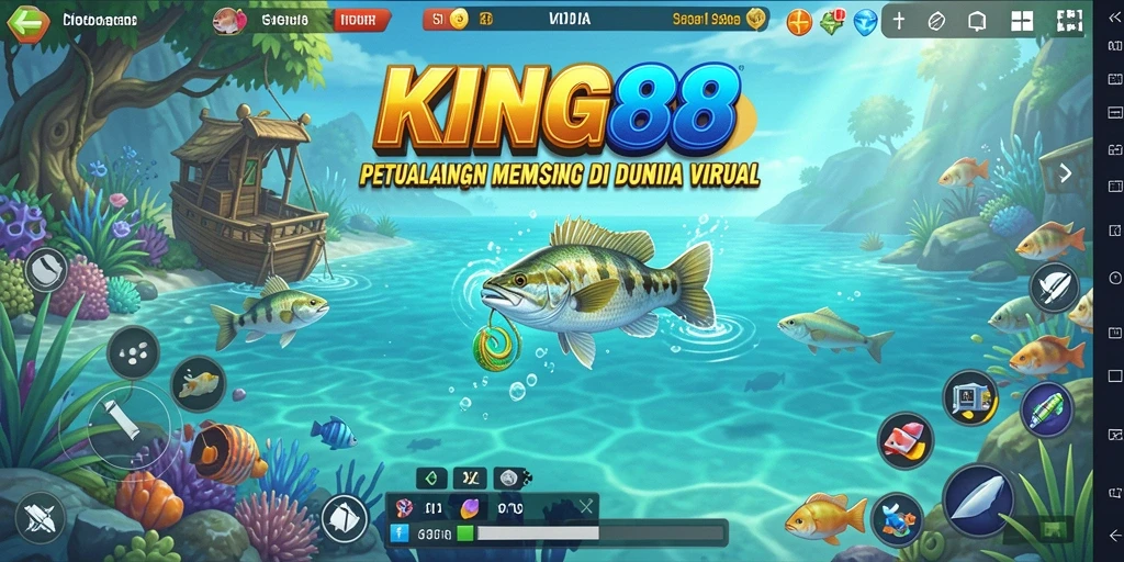 Tampilan gameplay memancing yang seru di KING88, menangkap ikan di laut.