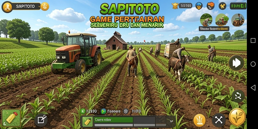 Screenshot gameplay menampilkan pertanian yang indah dan beragam tanaman.
